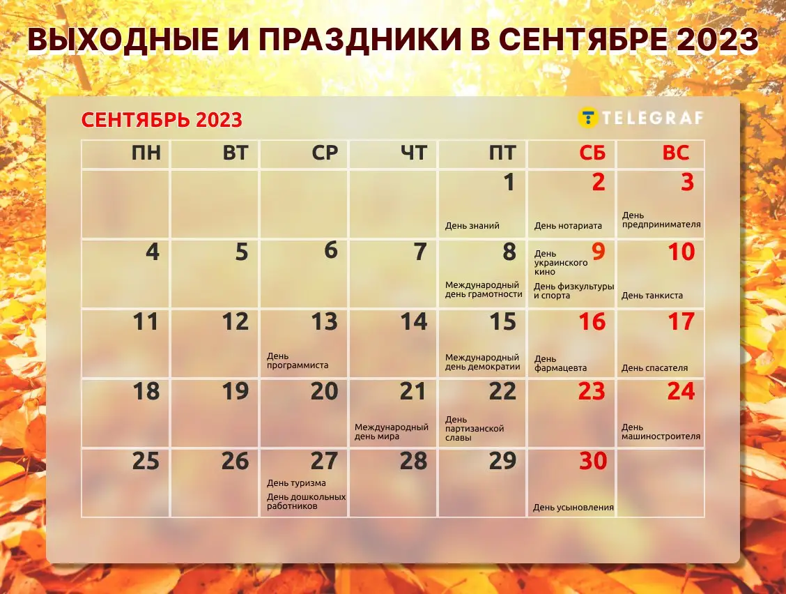 Выходные и праздники в сентябре 2023: сколько дней будут отдыхать граждане  Украины