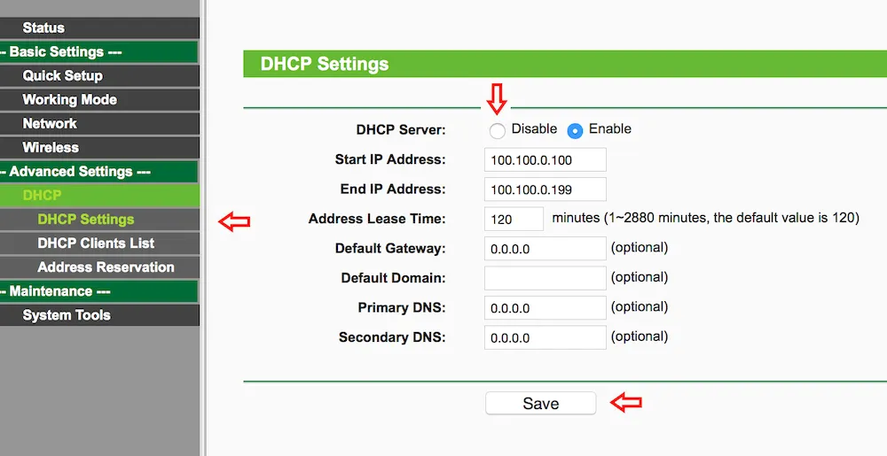 Отключить DHCP